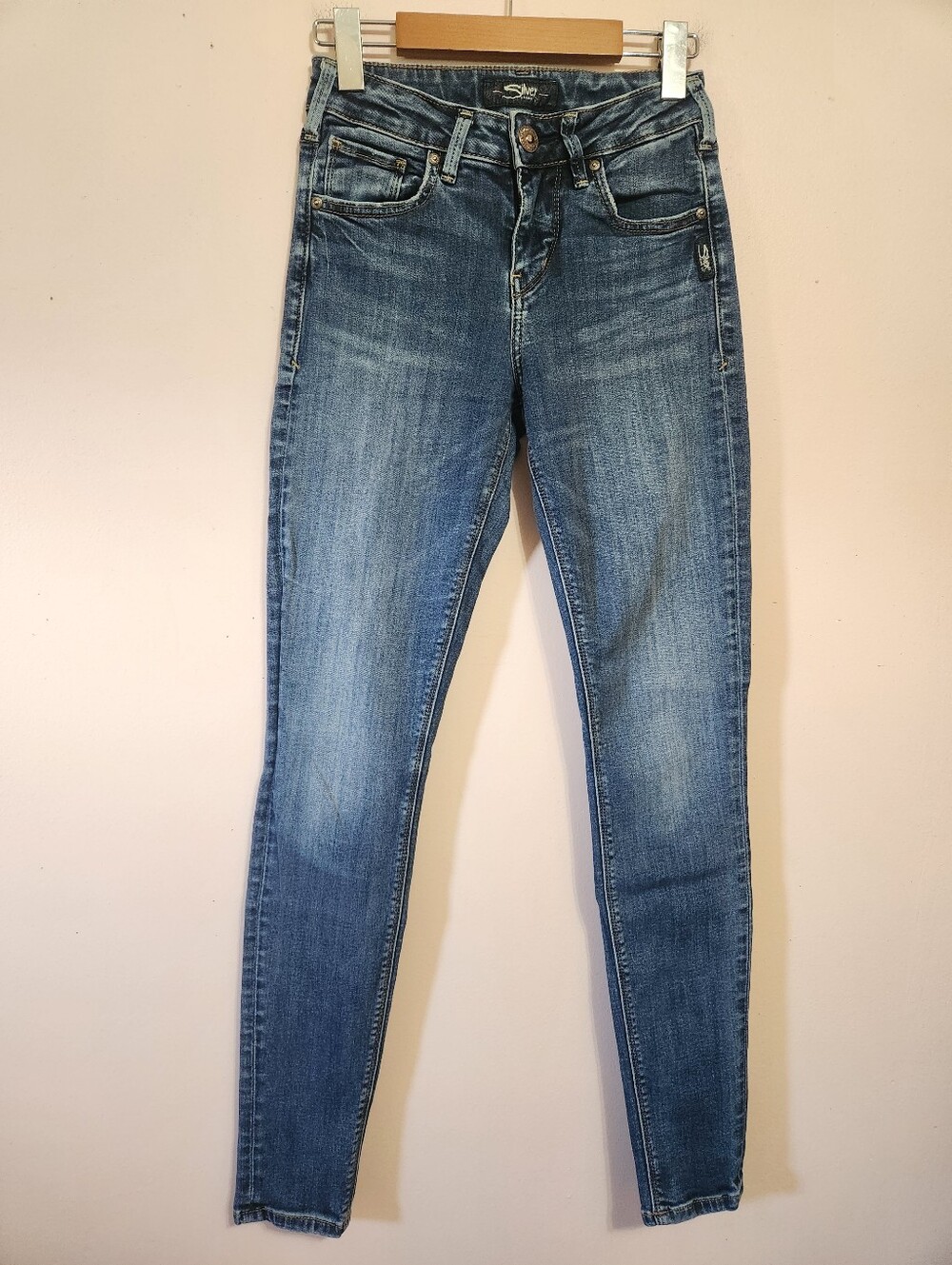 Silver Jeans Co Avery Super Skinny Denim Jeans Medium Wash Whiskered Size 25x31